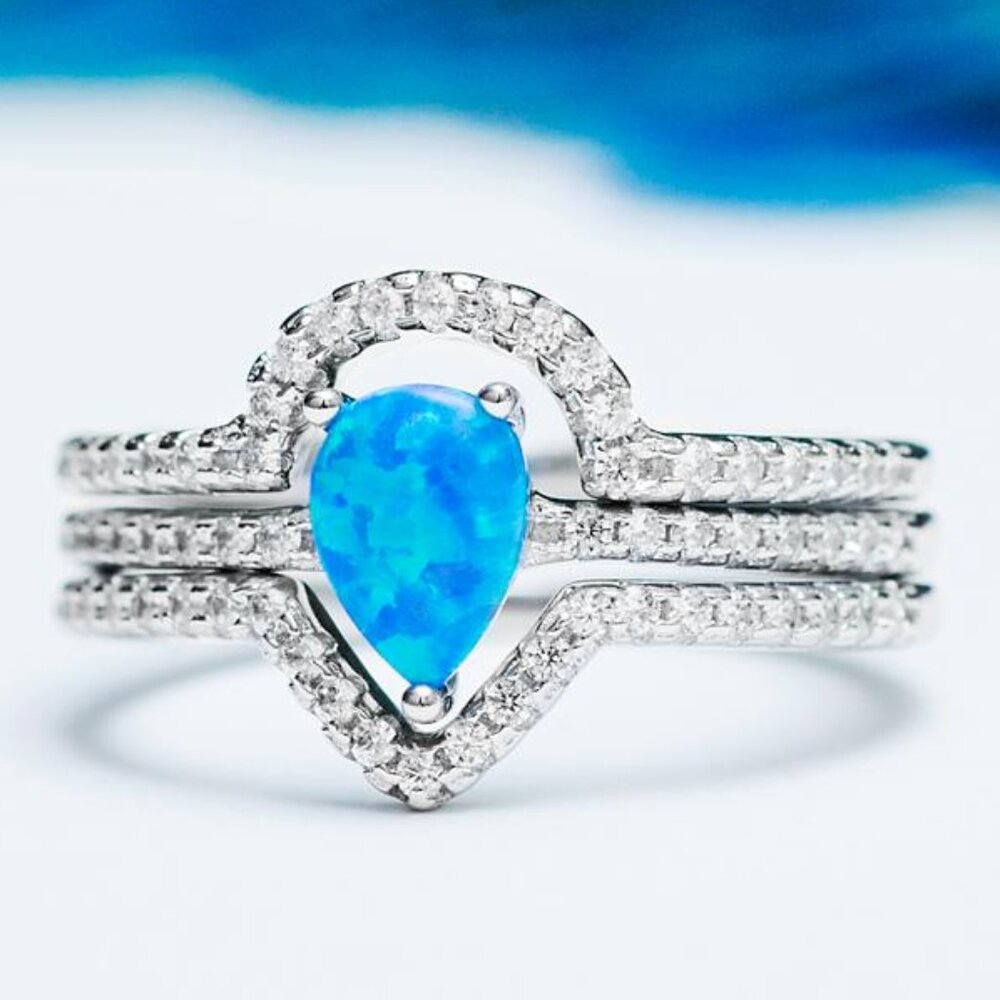 Blue Opal 3 piece ring set, size 7, 925 Sterling Silver Charmed Aroma